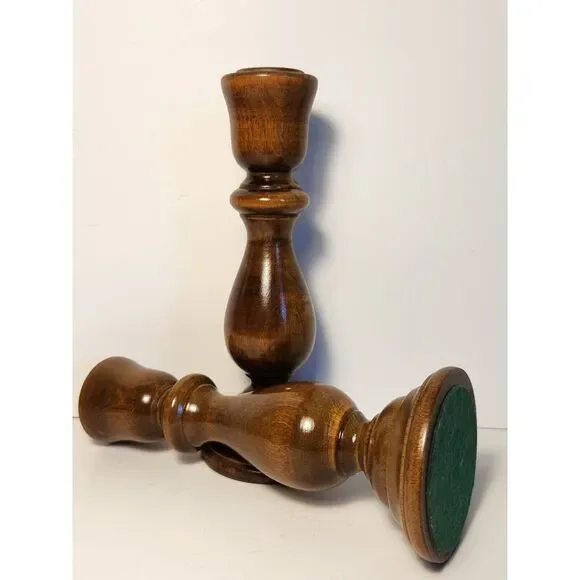 Vintage Pair Hand Turned Wooden Candlestick or Taper Holders 6.5" - Picture 4 of 8